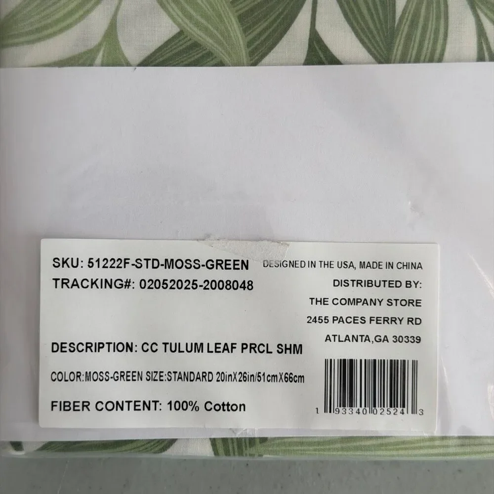 The Company Store Tulum Leaf Sham NWT Moss Green 100% Cotton Percale - Standard